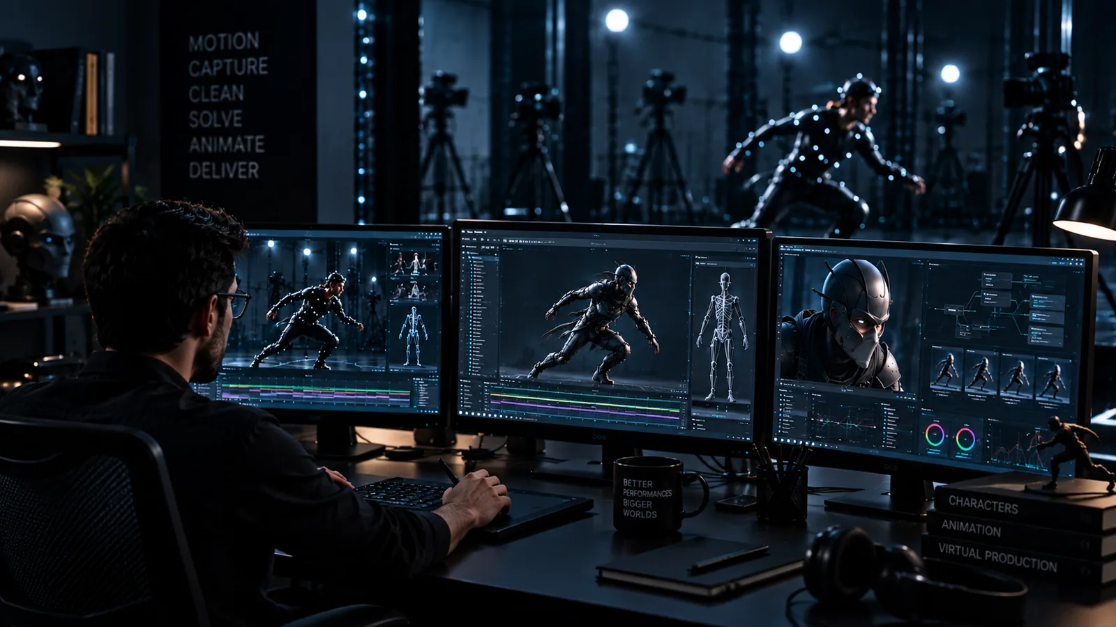 Artist reviewing motion capture, skeletal animation and a 3D character across three workstation monitors.