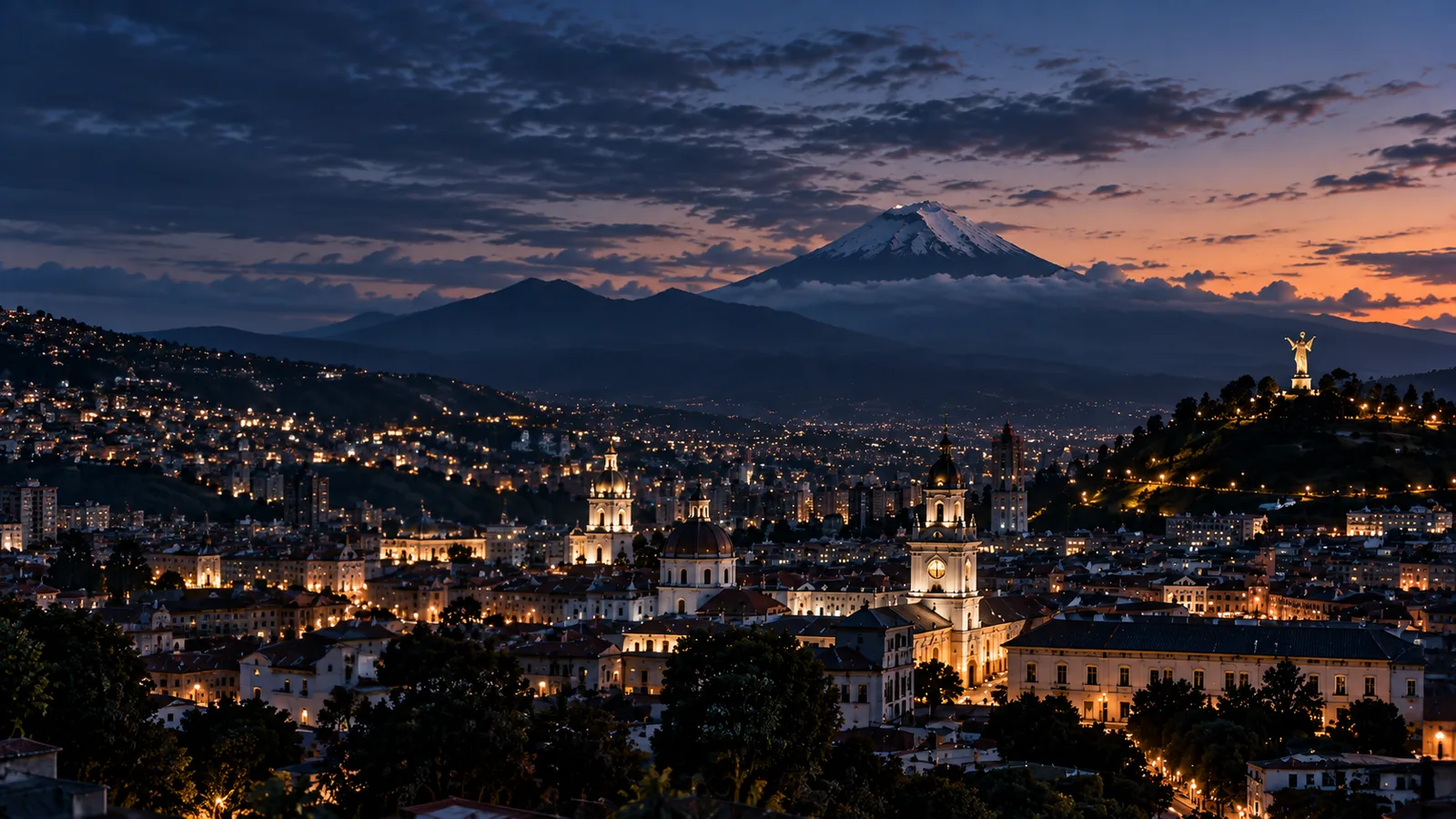 Panoramic illustration of Quito at dusk with mountains in the background.