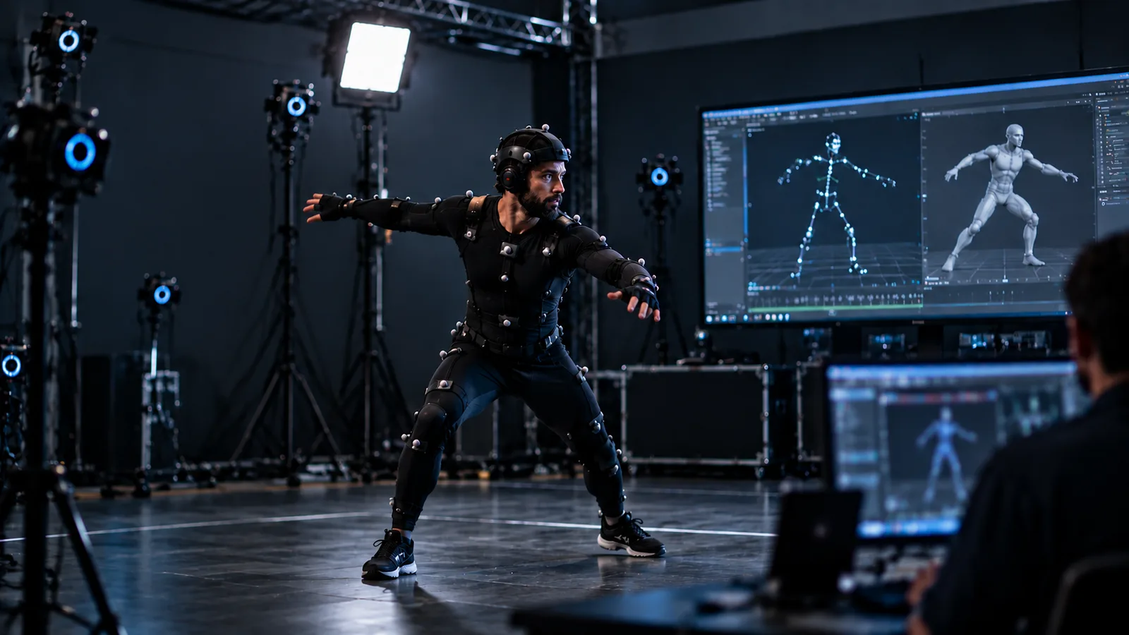 Motion-capture performer beside a large screen displaying skeletal and character movement.