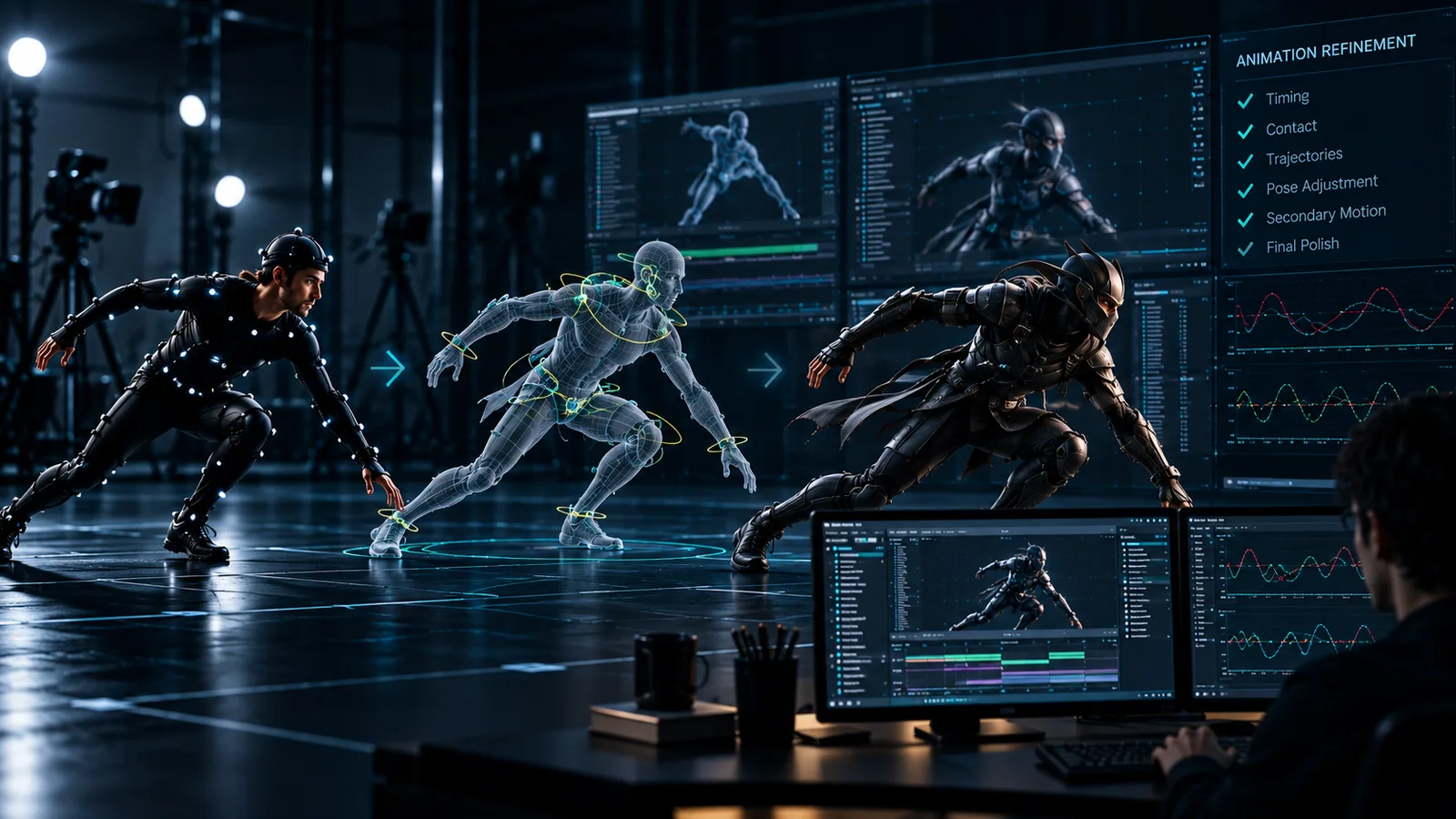 Character motion refinement shown with rig controls, animation curves and an artist workstation.