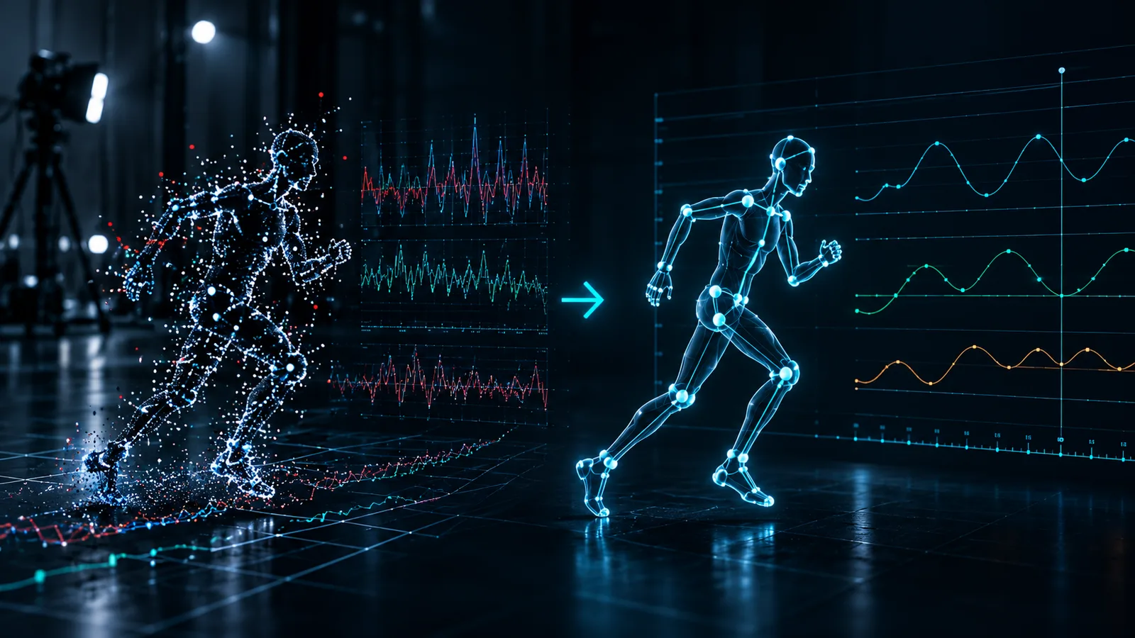 Noisy motion markers and trajectories compared with refined skeletal movement and smoother curves.