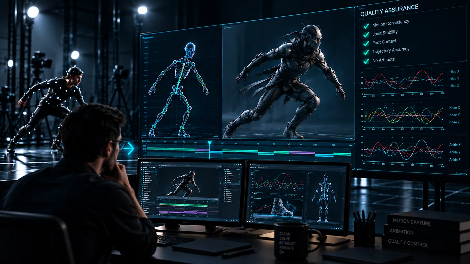 Artist reviewing skeletal motion, a character animation and validation curves.