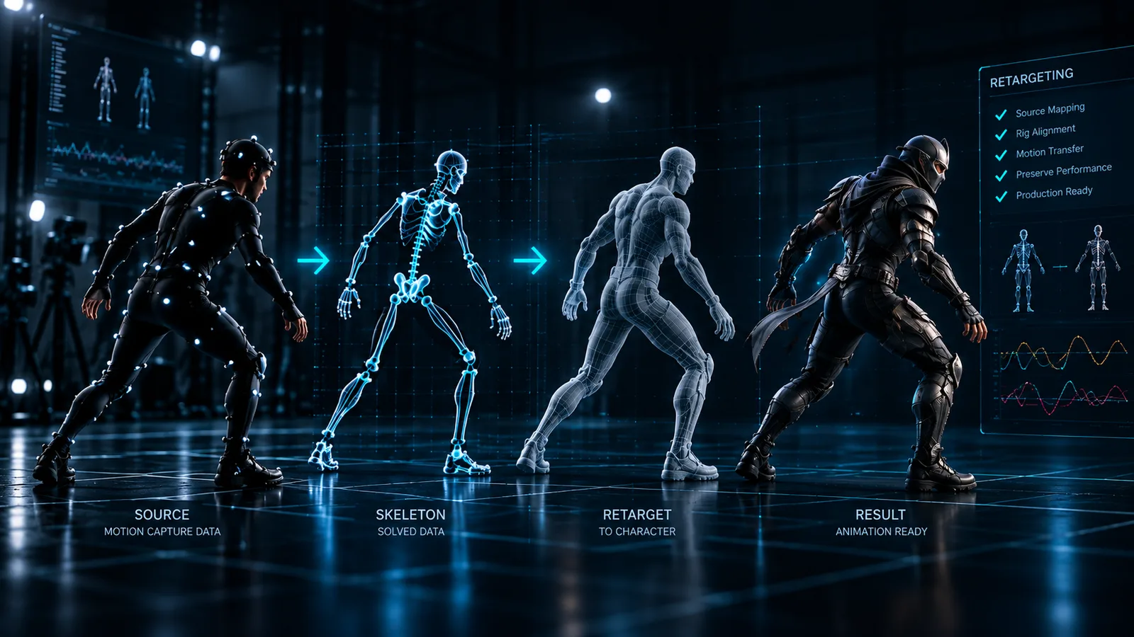 Motion transferred from a source skeleton to a rigged 3D character.