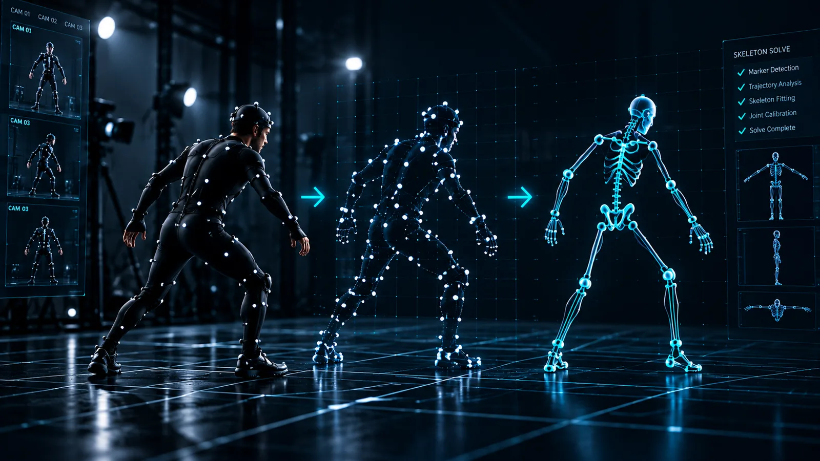 Visual progression from captured markers to a digital skeleton.